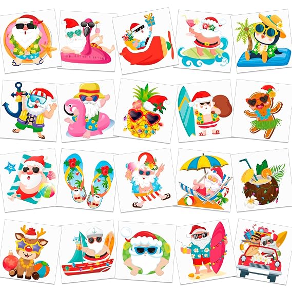 HOWAF 96 Pcs Christmas July Temporary Tattoos, July Tropical Christmas Party Decoration Waterproof Tattoos for Hawaiian Xmas, Hawaiian Flamingo Santa Tattoo Stickers for Mele Kalikimaka Decorations
