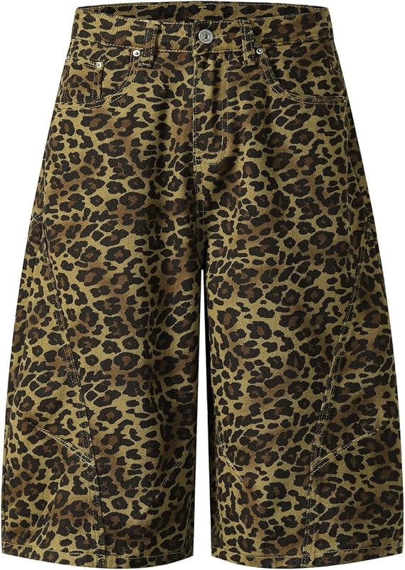Leopard Jorts Cheetah Print Shorts Y2k Capri Pants Cropped Jeans Baggy Wide Leg Trousers Streetwear Men Unisex