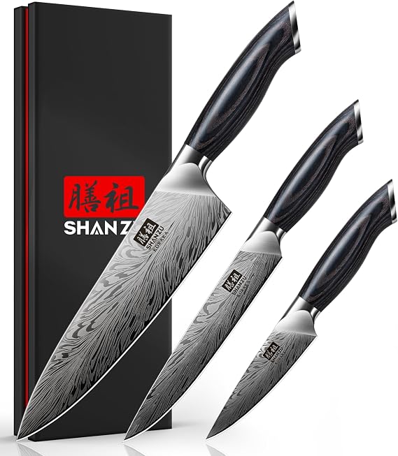SHAN ZU 3 Piece Kitchen Knife Set, Powder Steel 63 HRC