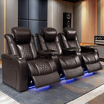 Home Theater Seating,Top-Grain Leather Recliner Sofa, Zero Gravity Power Reclining Couch with Ambient LED Lights, Cup Holders & USB, Tray Table-Row of 3 Coffee