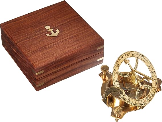 Solid Brass 3" Sundial Compass - W/ Inlaid Hardwood Box
