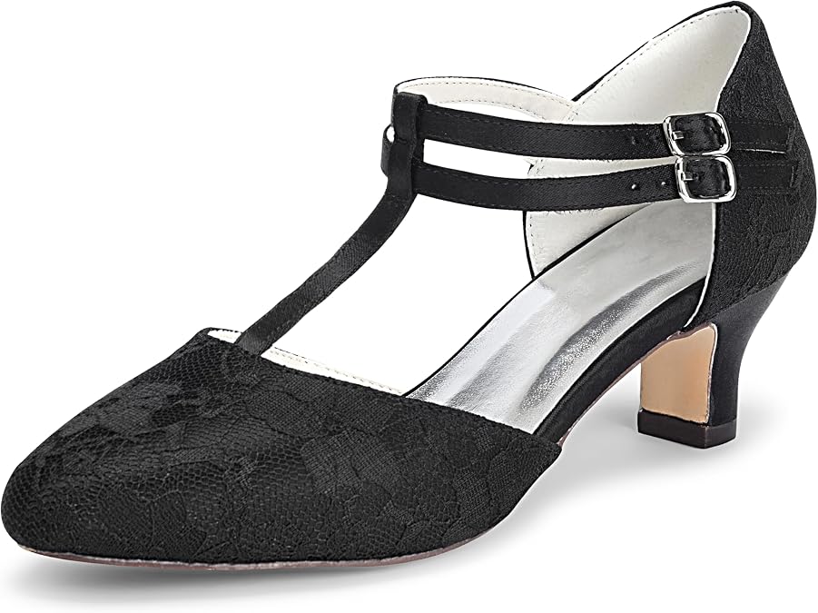 JIAJIA 00968 Women's Bridal Shoes Closed Toe T-Strap 1.9" Block Low Heel Lace Satin Pumps Wedding Shoes