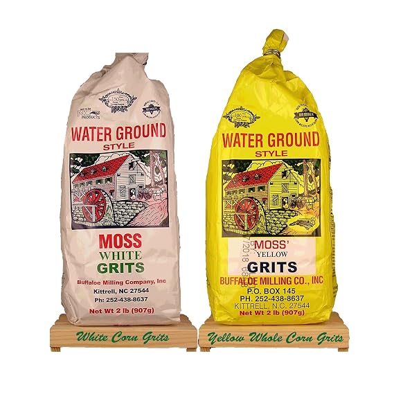 Moss Water Ground White and Yellow Whole Corn Grits each Bag is 2 Lbs