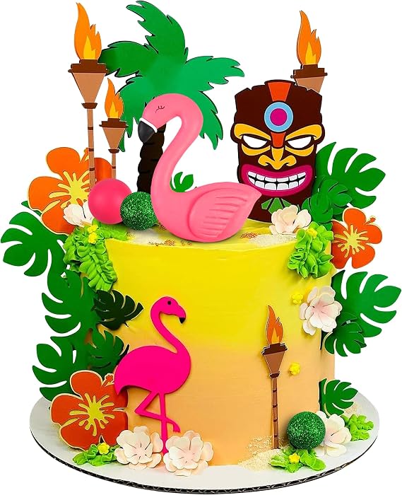 25 PCS Flamingo Cake Toppers Summer Hawaiian Cake Decoration with Cute Pink Clay Flamingo for Hawaiian Aloha Themed Birthday
