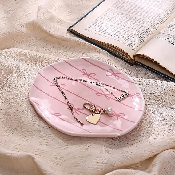 Koythin Pink Tray Stripe Bow Ceramic Jewelry Tray, Vanity Trinket Dish