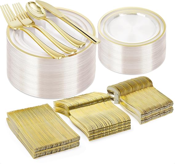 BESTVIP 300 Pcs Clear Gold Plastic Dinnerware Set for 50 Guests