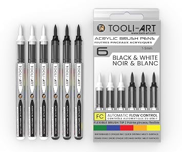 6 Black & White Acrylic Paint Pens Flexible Brush Markers with Automatic Flow Control, 15mm, Waterbased, Illustration, Lettering & Multi-Surface Glass, Wood, Metal, Canvas, Fabric, Plastic, Paper