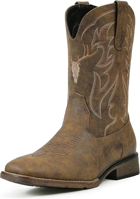 Cowboy Boots for Men Square Toe Western Boots Retro Classic Embroidered Pull On Boot