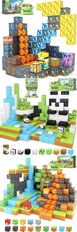 Toylogy 198PCS Magnetic Blocks for Toddlers Toys, Combined with the Theme of Mine, Dinosaur and Panda Magnetic Blocks-Build Magnet World Set for Boys & Girls Age 3-8 Magnet Kids Toys Gift