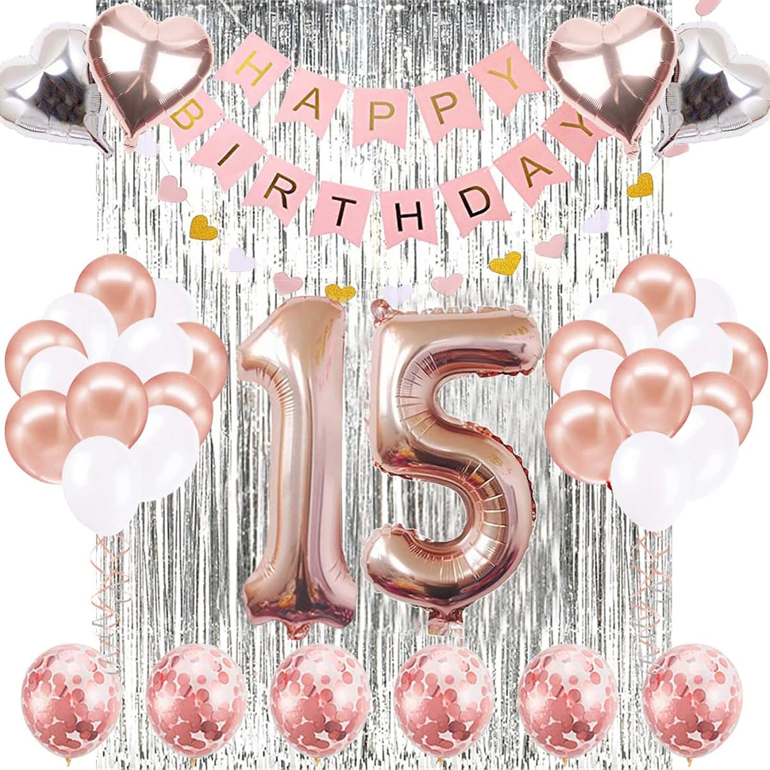 15th Birthday Decorations Rose Gold - Happy Banner, Number 15 Balloons, Years Old Decoration Supplies