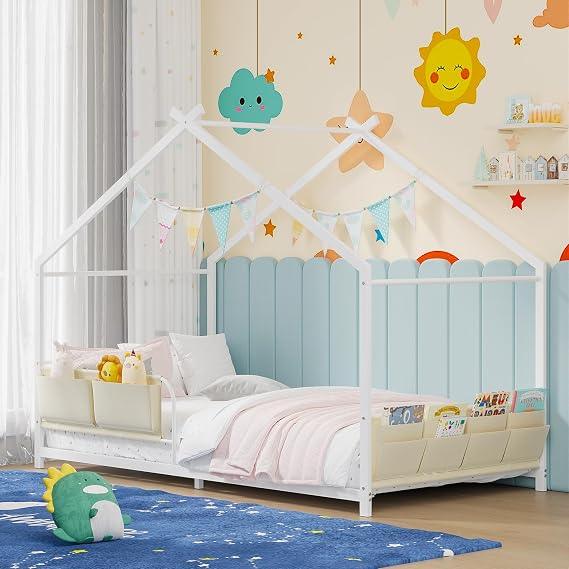 Timy House Shape Twin Size Montessori House Bed Metal Floor Bed with Caddy