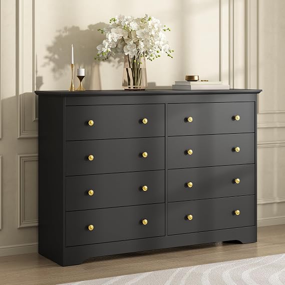 Black Dresser for Bedroom, 8 Drawer Dresser with Large Drawers, 51 Inch Wide Wood Chest for Living Room, Hallway