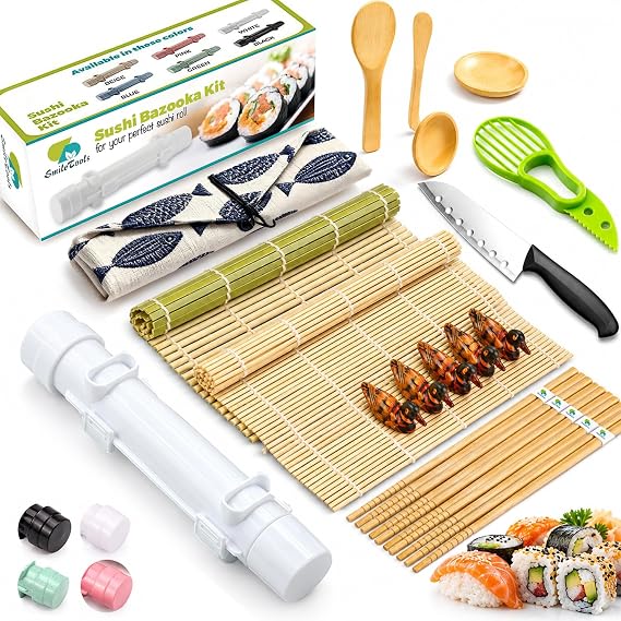 SmileTools Sushi Making Kit, 22pcs Roller Maker for Beginners With Guide Book, Bazooka, Knife, Mat, Avocado Slicer, Chopsticks, Sauce Dishes &