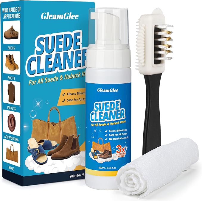 GleamGlee Suede Cleaning Kit 6.76oz Effectively Removes Dirt, Stains & Water Marks Includes Suede Brush & Microfiber Towel for Cleans & Restores Shoes, Boots, Jackets, Bags, Purses & More