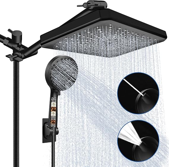 Filtered Rainfall Handheld Shower Combo, 12 High Pressure Shower Head with 3-Way Diverter & 9 Spray Modes, Matte Black Bathroom Upgrade (Extension Arm, Anti-Scale Filter, 59 Hose)