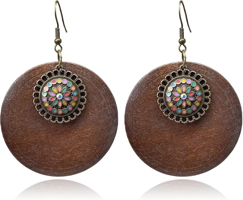 KaFu Brown Wooden Earrings for Women Vintage Bohemian African Ethnic Wood Big Round Circle Geometric Dangle Drop Earrings Jewelry
