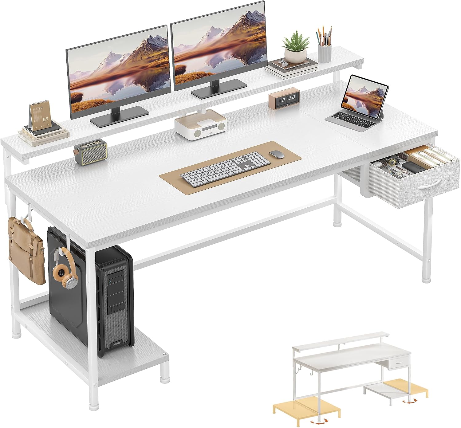 Computer Desk, 120x48x75cm Corner Desk with Drawer & Adjustable Monitor Stand, Office Desk with Hook & Reversible Shelve, Computer Tables for Home, Office, Bedroom,Study, Easy Assembly, White