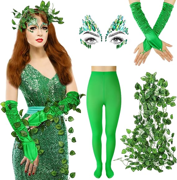 Toulite 8 Pcs Halloween Green Cosplay Costume Set for Woman Includes Bright Jewels Halloween Face Tattoo Artificial Vines Green Tights Elbow Length Long Gloves for Holiday Party Supplies