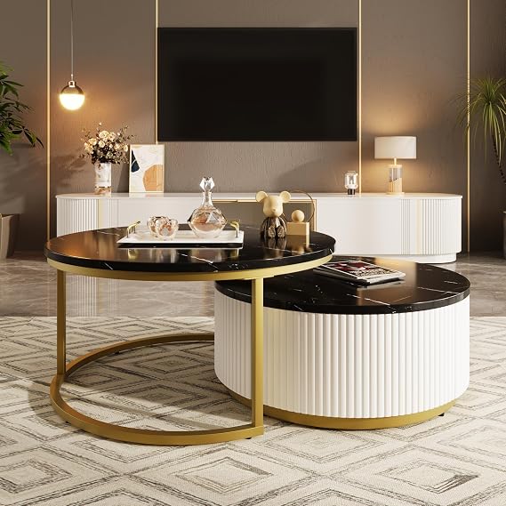 Luxury Gold Nesting Coffee Table Set of 2 Round Coffee Table Set with 2 Drawers Modern White Faux Marble Coffee Table Center Table Sofa Side Table for Living Room Home Office