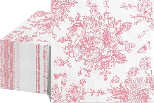 NatNarr 100 Pcs Pink Floral Napkins, Pink and White Toile Cocktail Napkin Vintage Flower Butterfly Design Decoupage Napkin for Girls Birthday, Wedding, Bridal Baby Shower, Tea Party