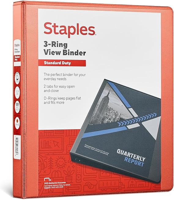 Staples Standard 1-Inch 3-Ring View Binder, Orange, 220 Sheets
