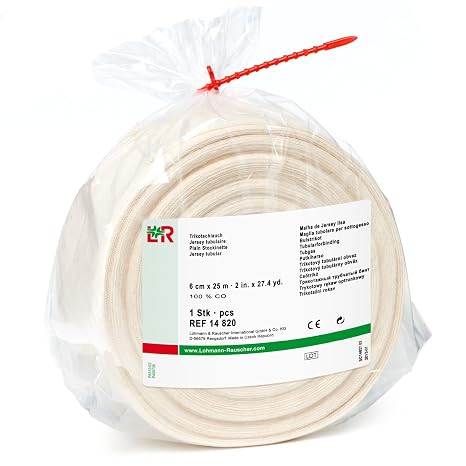 Lohmann & Rauscher tg cotton Stockinette, 6cm x 25m, 100% Cotton Close-Weave Seamlessly Knitted Tubular Stockinette, Skin Friendly Protection, First Layer of Multi-Layer Compression Bandaging