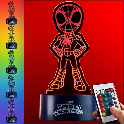 Get Trend Marvel Spiderman LED Table Lamp, Desk Lamp, Remote Control Night Light with 16 Colors, 4 Light Modes, USB or Battery Power, Gifts for Kids Multi Spidey