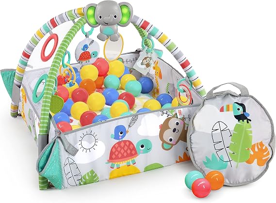 Bright Starts, 5-in-1 Your Way Ball Play Activity Gym and Ball Pit with 40 Balls - Totally Tropical, Play Gym with 20+ Minutes of Lights and Music, 7 Detachable Toys, Ages Newborn +