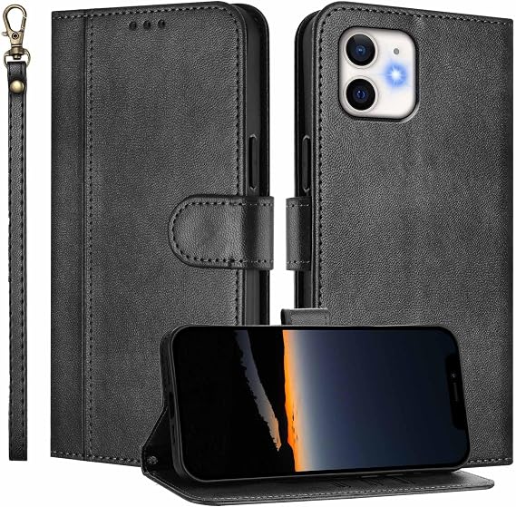 Wallet Case for iPhone 12/12 Pro Card Holder Wrist Strap Black