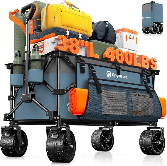 Originsure 220L Foldable Beach Wagon Cart with Big Wheels,460lbs,Grey&Blue