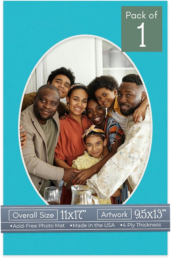 Aquamarine Blue Acid Free 11x17 Oval Picture Frame Mat with White Core Bevel Cut for 9.5x13 Pictures - Fits 11x17 Frame - Pack of 1 Matboard Show Kit With Acid Free Backing & Clear Bag