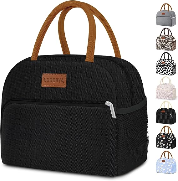 Coobiiya Lunch Box Lunch Bag for Women Men,Reusable Cute Lunch Pail bag,Leakproof,Insulated LunchBox Tote Compact 10L, Cooler Lunch Container for Work Travel Office (Black)