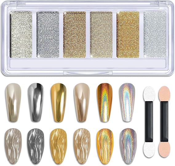 Gold Silver Chrome Nail Powder, 6 Colors Metallic Mirror Pigment Glitter Effect Powder Palette for Nails, Rose Gold Silver Champagne Rubbing DIY Dust for Nail Art Designs Decoration (Gold Silver)