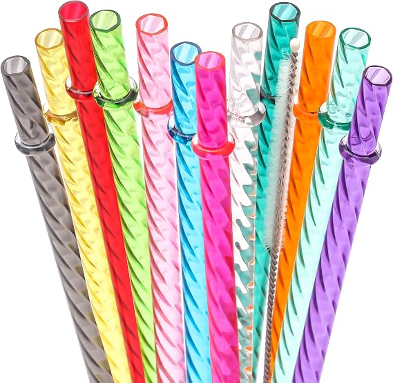 Dakoufish 12 Inch Long Reusable Clear Plastic Swirl Drinking Straws for 30 oz & 40 oz Jars/Tumblers,Set of 12 Pcs Replacement Straws with Cleaning Brush (12inch, 12color)