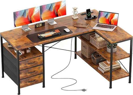 Alpen L Shaped Computer Desk, 47.2 Inch Corner Desk with Drawers and Power Outlets, Home Office Desk for Gaming, Study Writing PC Table with Storage and Reversible Shelf, Rustic Brown