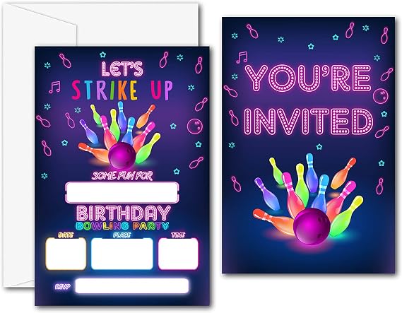 Let's Strike Up Bowling Birthday Party Invitations - Bowling Party Supplies - Fill in The Blank Birthday Party Invites - 20 Invitation Cards With 20 Envelopes - (006A)