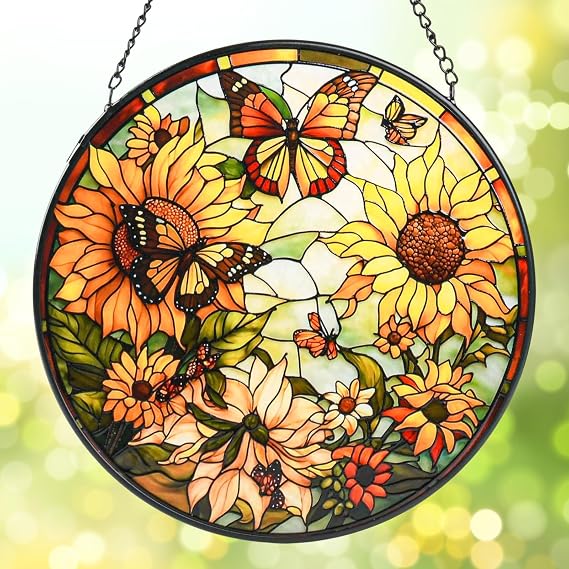 Sunflower Stained Glass Suncatcher, Handmade Window Hanging Decor, Vibrant Flower Sun Catcher for Home Garden, Christmas Birthday Gift for Women Mom Grandma