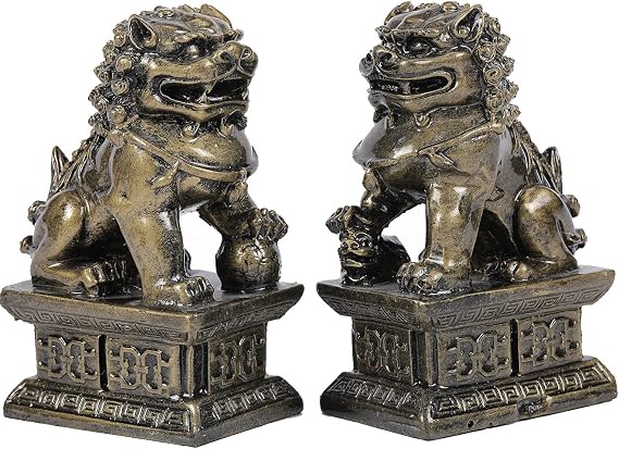 Foo Dogs Guardian Lion Statues - Pair of Fengshui Fu Dogs Figurine | Housewarming Congratulatory to Ward Off Evil Energy Tabletop Decor Statue