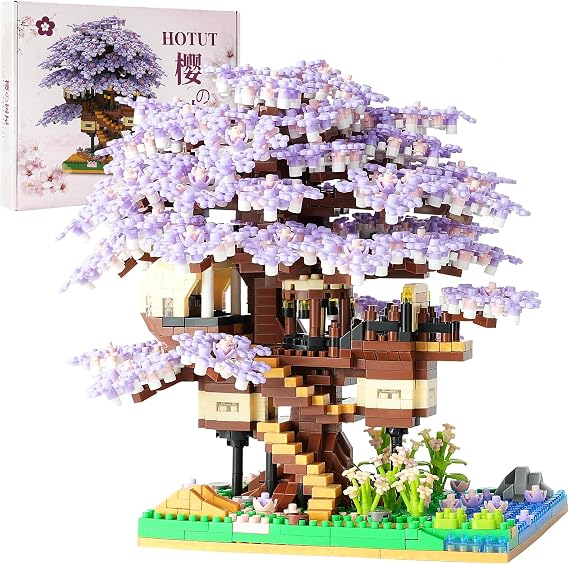 HOTUT Cherry Blossom Tree House Micro Building Blocks Set, 2229 Pcs Sakura Tree Building Set with LED Light, Artificial Bonsai Tree Kit, Flowers