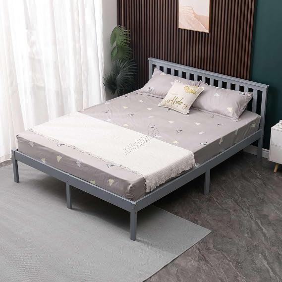WestWood Double Bed Solid Pine Frame Headboard Durable Shaker Style Low Foot End Wooden Platform With Wood Slat Support Bedroom Furniture Strong Support Legs Adults Kids Teenagers Grey