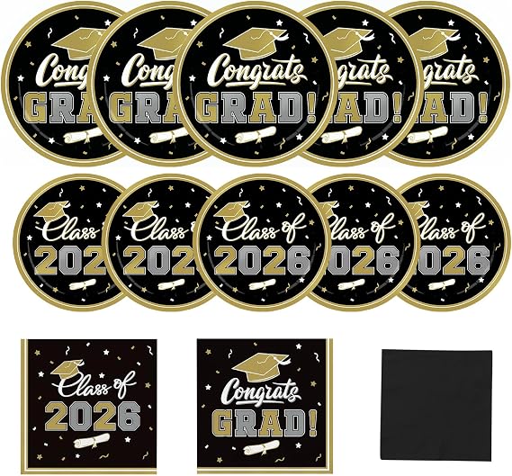 Graduation Party Plates and Napkins Graduation Decorations Class of 2026 Black and Gold Disposable Paper Plates Luncheon Napkins Cocktail Napkins for Congrats Grad Party Decorations, Serve 50