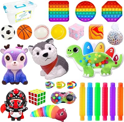 27PCS Multi-Item Sensory Fidget Toys Pack Squishy Squeeze Toys Big Size Anti-Anxiety Autism Toys Birthday Gifts School Prizes Crafts for Kids and Adults Stress Relieving Relaxing Venting