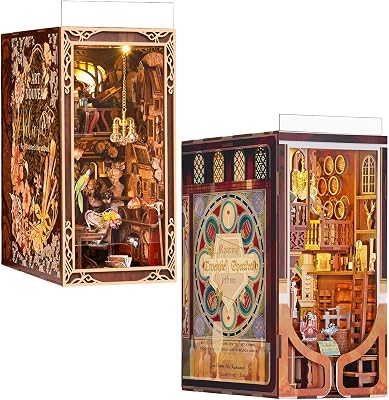 Book Nook Kit, DIY Miniature Dollhouse Booknook Kit, 3D Wooden Puzzle Bookend Bookshelf Insert Decor with LED Light for Teens and Adults