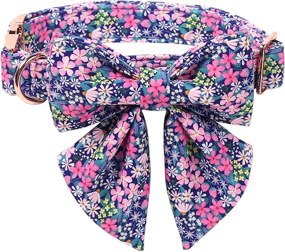 Lionet Paws Floral Dog Collar with Sailor Bow, Spring Wildflowers Daisy Fleabane Dog Collar Bow Tie for Dogs, Small, Neck 10-16 inches
