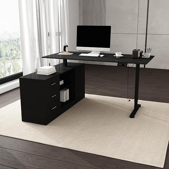 FUFU&GAGA 63 L-Shaped Standing Desk with Drawers, Electric Height Adjustable Desk with File Cabinet, Executive Computer Table, Sit Stand Desks, for Home Office, Black, 63W x 55.1D x 29.1-44H