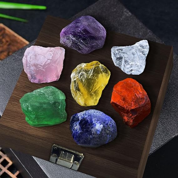 Raw Crystals,Premium Healing Crystals Gift,Large 7 Chakra Set with Rose Quartz and Clear Quartz Crystal Gemstones in Wooden Box,Natural Crystals,Meditation Gifts for Women,Christmas Gifts,Chakra