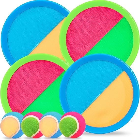 Chennyfun Toss & Catch Ball Outdoor Game Toys Set for Kids 3+ Years | Beach Ball Game, Garden Games, 4 Paddles 4 Balls, Sucker Sticky Ball Paddle Tennis Toy, For Kids Adults
