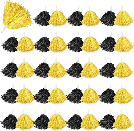 Lenwen 40 Pack Pom Poms Cheerleading Sports Dance,Black and Yellow,25 cm