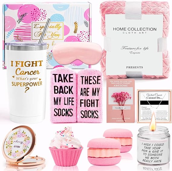 Breast Cancer Survivor Gifts for Women-Chemo Survivor, Ovarian, Breast Cancer Awareness Gift-Cancer Survivor Gift- 20 oz Tumbler, Cancer Fighter Sock, Cancer Survivor Candle,Silk Sleep Mask (White)