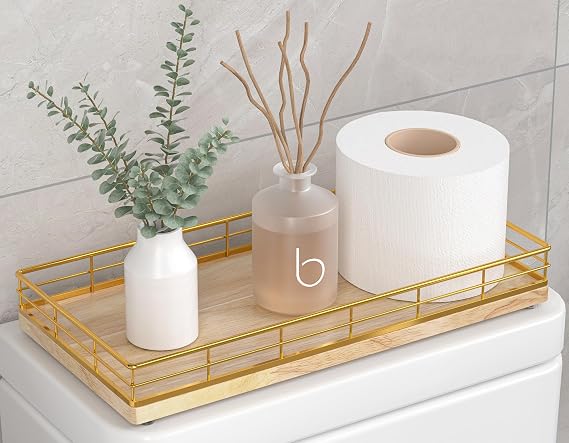 Toilet Paper Basket Organizer, Oak Wood Toilet Tank Tray with Metal Frame